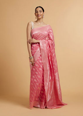 Mohey Women Light Pink Saree with Bel Buti & Linear Motifs in Zari Work