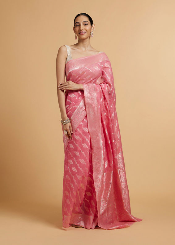 Mohey Women Light Pink Saree with Bel Buti & Linear Motifs in Zari Work