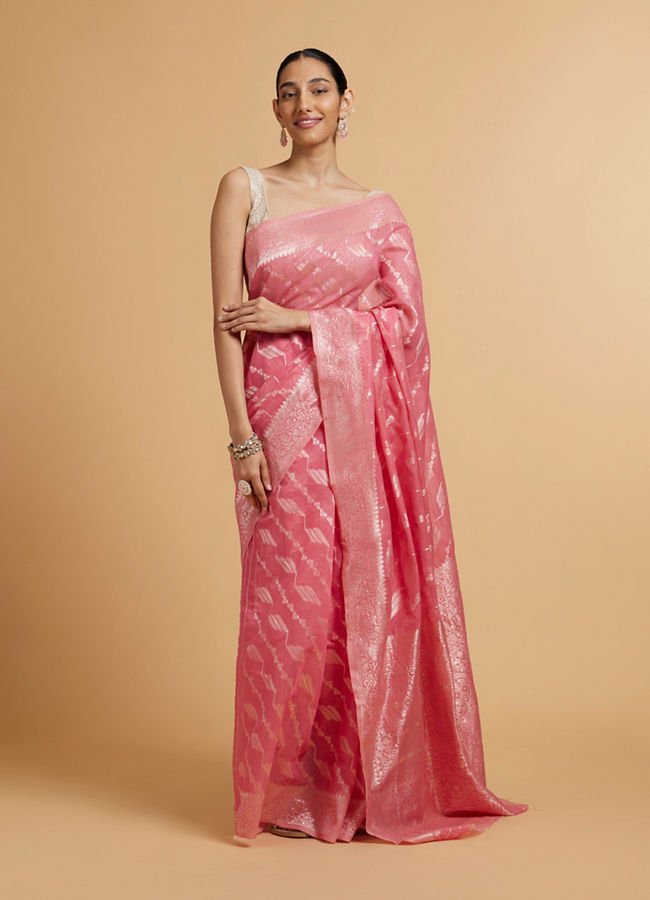 Mohey Women Light Pink Saree with Bel Buti & Linear Motifs in Zari Work