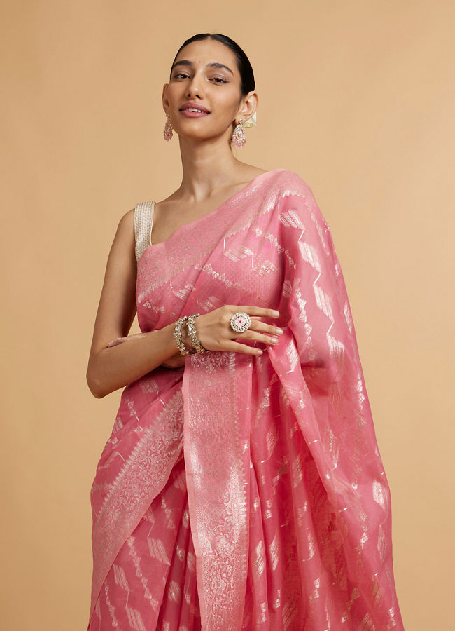 Mohey Women Light Pink Saree with Bel Buti & Linear Motifs in Zari Work