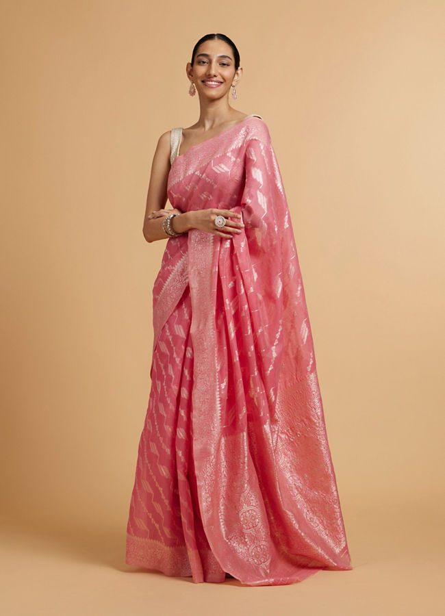 Mohey Women Light Pink Saree with Bel Buti & Linear Motifs in Zari Work