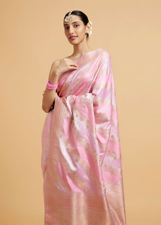 Mohey Women Carnation Pink Bel Patterned Saree with Floral Borders