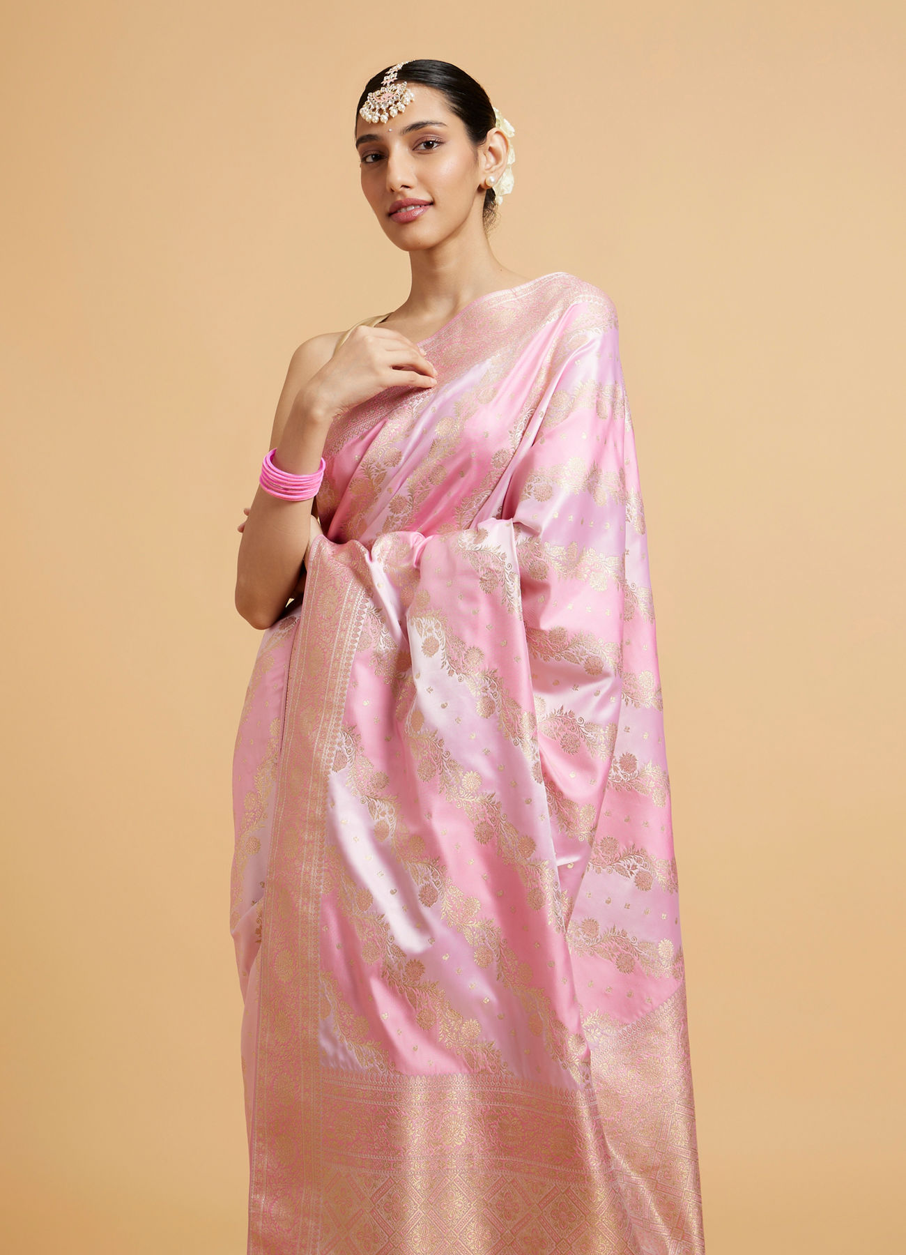 Mohey Women Carnation Pink Bel Patterned Saree with Floral Borders