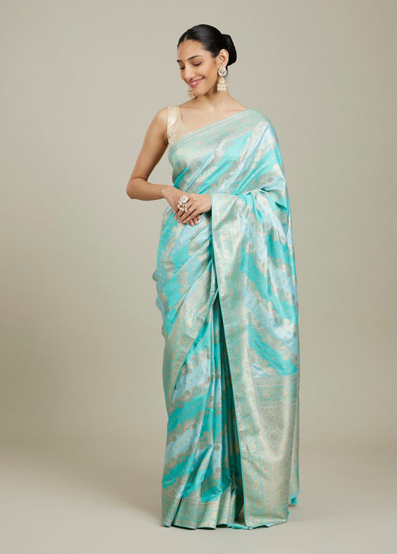 Mohey Women Sky Blue Bel Patterned Saree with Floral Borders