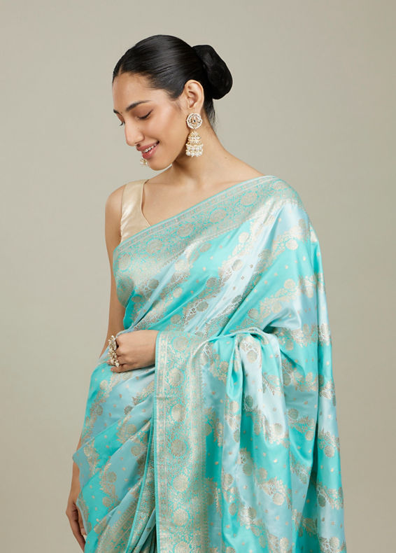 Mohey Women Sky Blue Bel Patterned Saree with Floral Borders