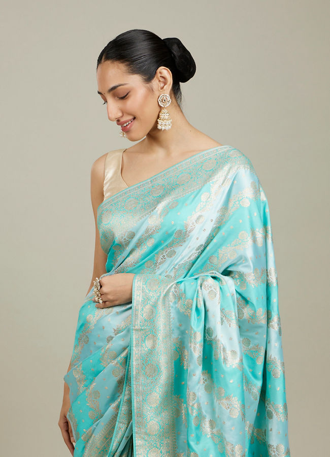 Mohey Women Sky Blue Bel Patterned Saree with Floral Borders image number 1