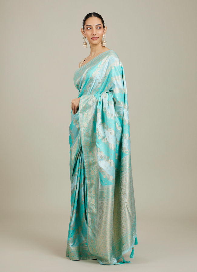 Mohey Women Sky Blue Bel Patterned Saree with Floral Borders image number 2