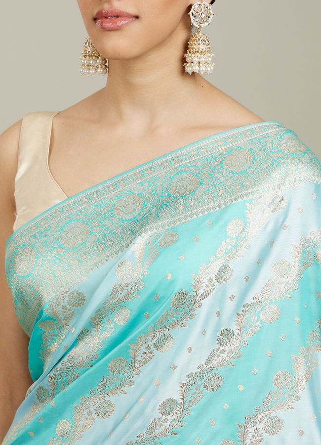 Mohey Women Sky Blue Bel Patterned Saree with Floral Borders image number 3