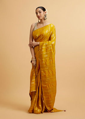 alt message - Mohey Women Mustard Yellow Floral Buta Patterned Saree image number 2