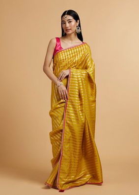 alt message - Mohey Women Mustard Yellow Linear Leaf Patterned Saree image number 0