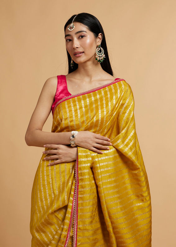 Mohey Women Mustard Yellow Linear Leaf Patterned Saree