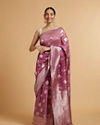 alt message - Mohey Women Dark Purple Zari Work Saree with Floral Motifs image number 0