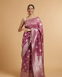 Mohey Women Dark Purple Zari Work Saree with Floral Motifs