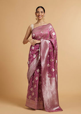 alt message - Mohey Women Dark Purple Zari Work Saree with Floral Motifs image number 0