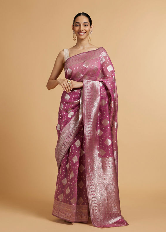 Mohey Women Dark Purple Zari Work Saree with Floral Motifs