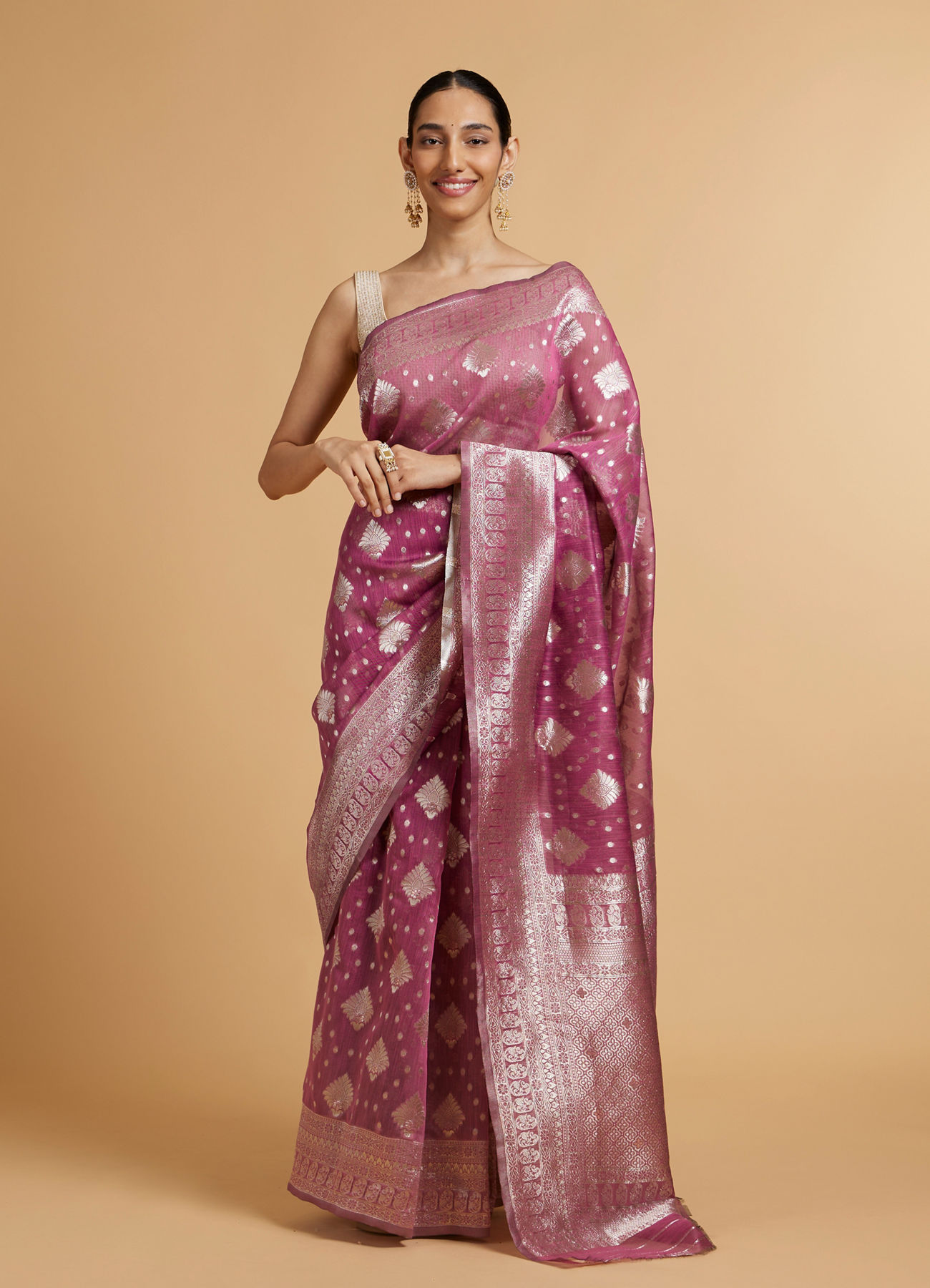 Mohey Women Dark Purple Zari Work Saree with Floral Motifs