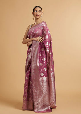 alt message - Mohey Women Dark Purple Zari Work Saree with Floral Motifs image number 2