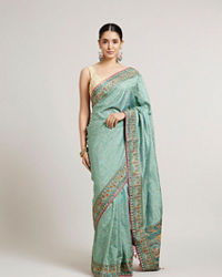 Mohey Women Sea Green Floral & Grid Patterned Saree with Sequin Work