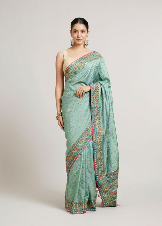 Mohey Women Sea Green Floral & Grid Patterned Saree with Sequin Work