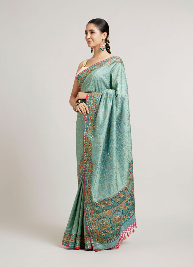 Mohey Women Sea Green Floral & Grid Patterned Saree with Sequin Work