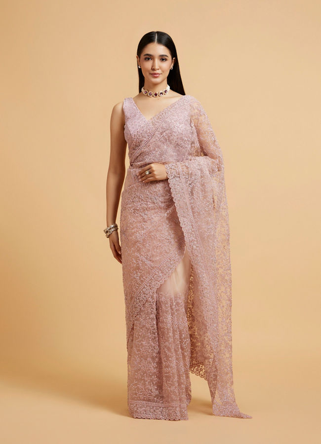 Mohey Women Dusty Rose Embroidered Saree with Rhinestone Work