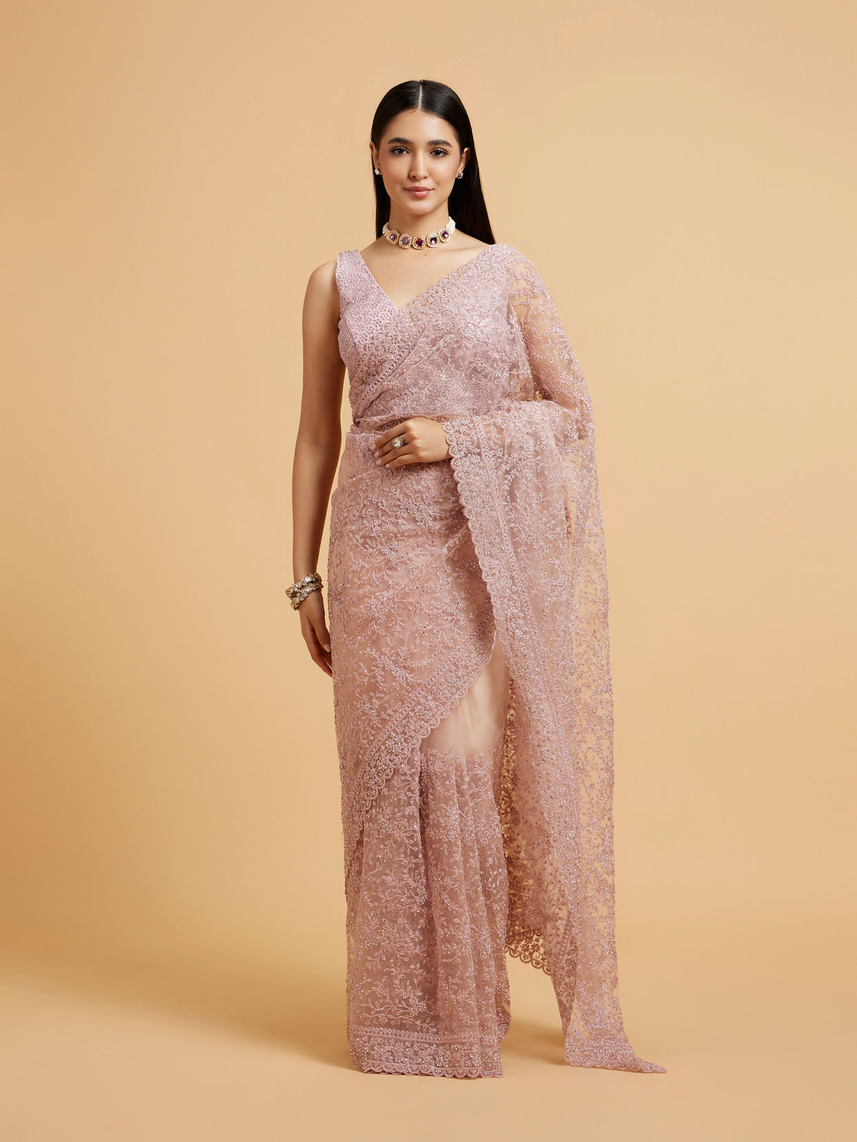 Mohey Women Dusty Rose Embroidered Saree with Rhinestone Work
