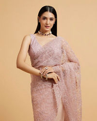Mohey Women Dusty Pink Floral Jaal Embroidered Saree with Rhinestone Work