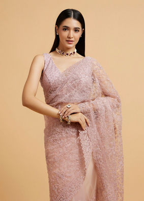 Mohey Women Dusty Rose Embroidered Saree with Rhinestone Work