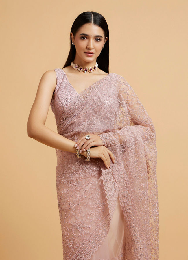 Mohey Women Dusty Rose Embroidered Saree with Rhinestone Work