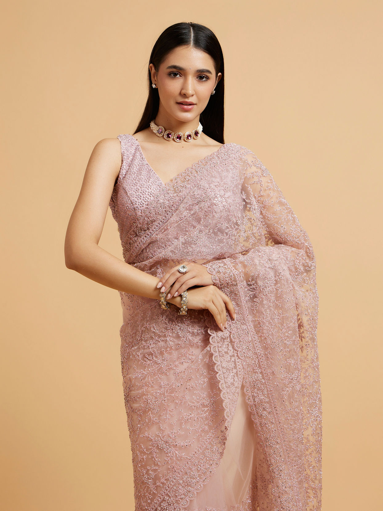 Mohey Women Dusty Rose Embroidered Saree with Rhinestone Work