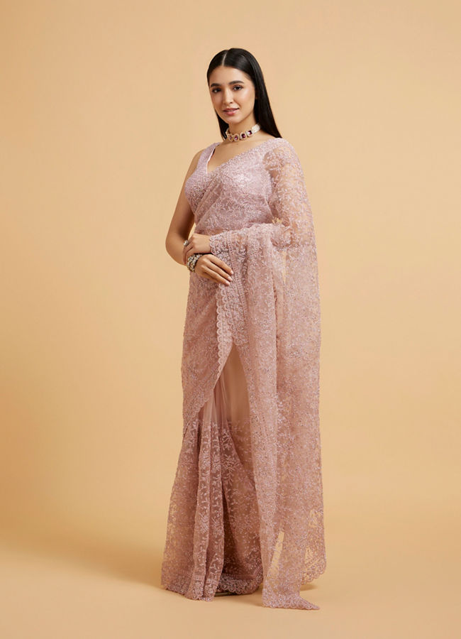 Mohey Women Dusty Pink Floral Jaal Embroidered Saree with Rhinestone Work