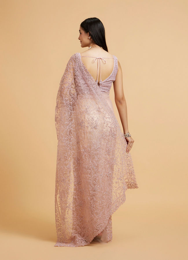 Mohey Women Dusty Pink Floral Jaal Embroidered Saree with Rhinestone Work