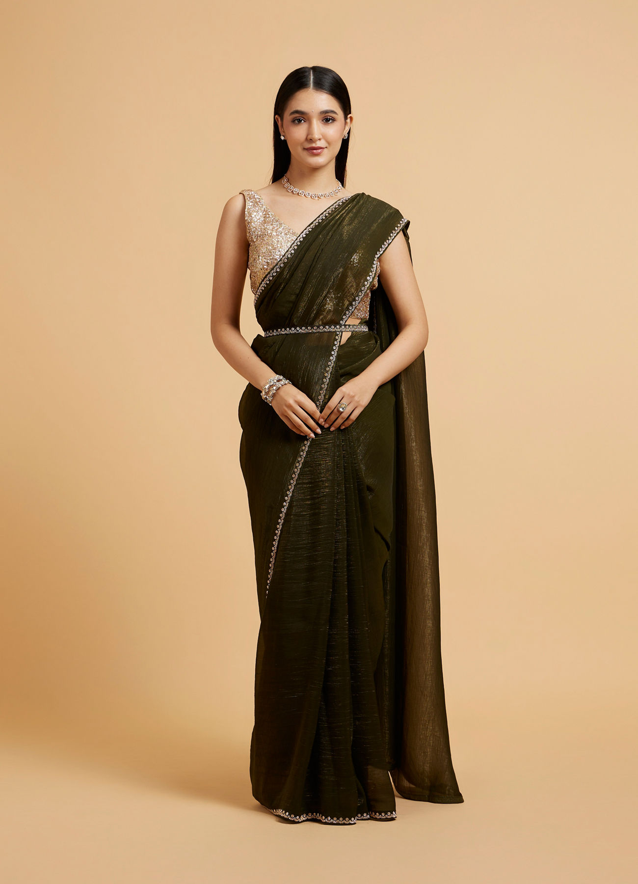 Mohey Women Mehandi Green Floral Rhinestone Embellished Saree