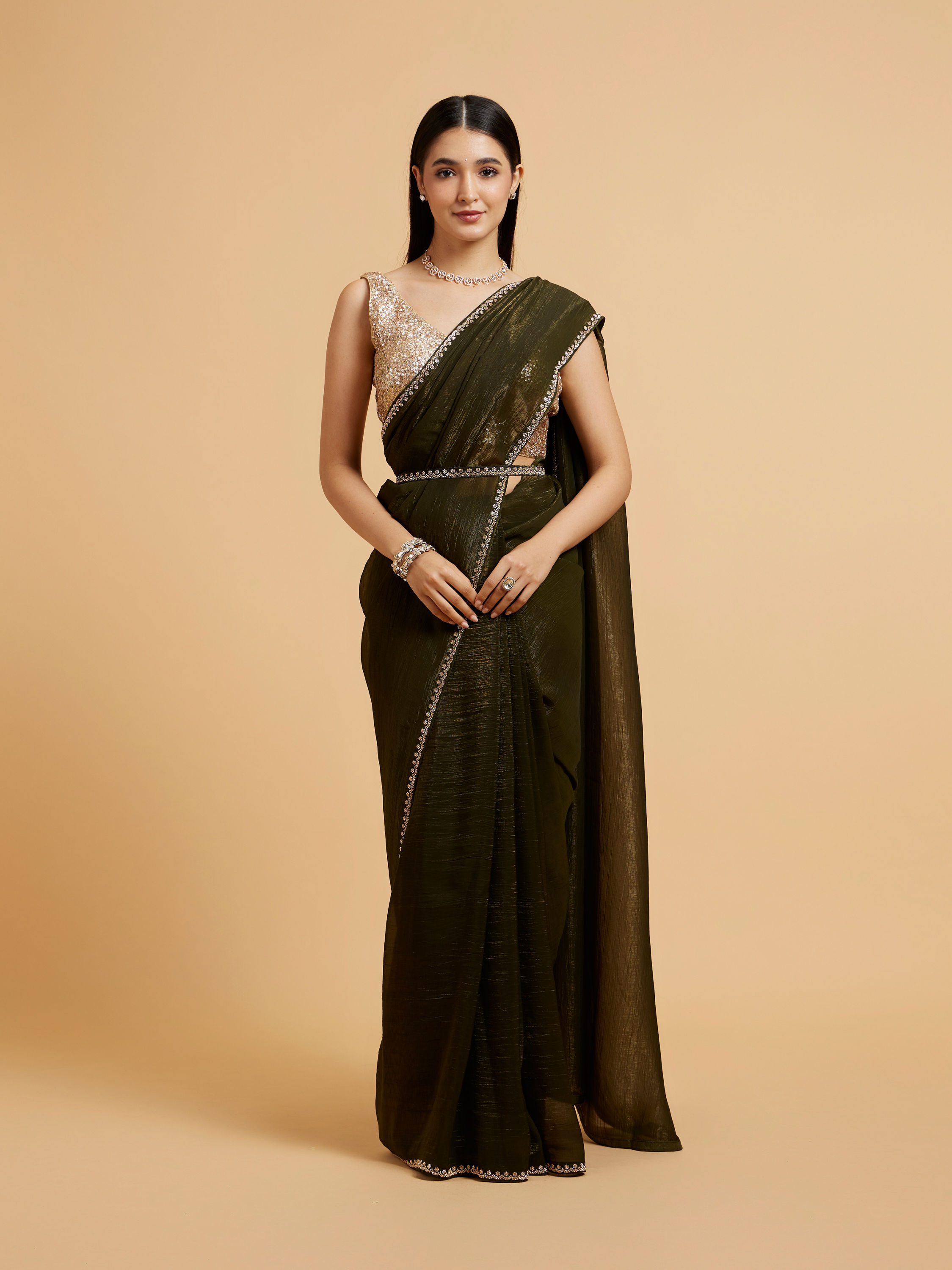 Mohey Women Mehandi Green Floral Rhinestone Embellished Saree