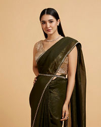 Mohey Women Mehandi Green Floral Rhinestone Embellished Saree