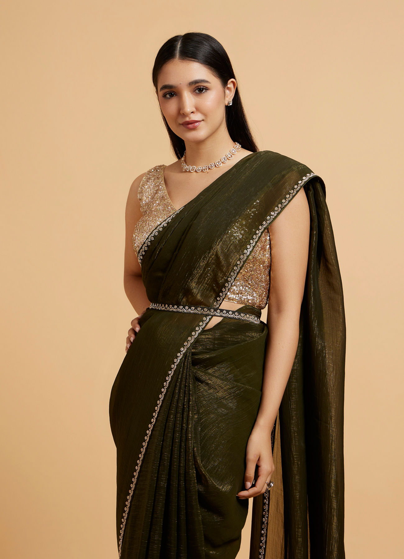 Mohey Women Mehandi Green Floral Rhinestone Embellished Saree