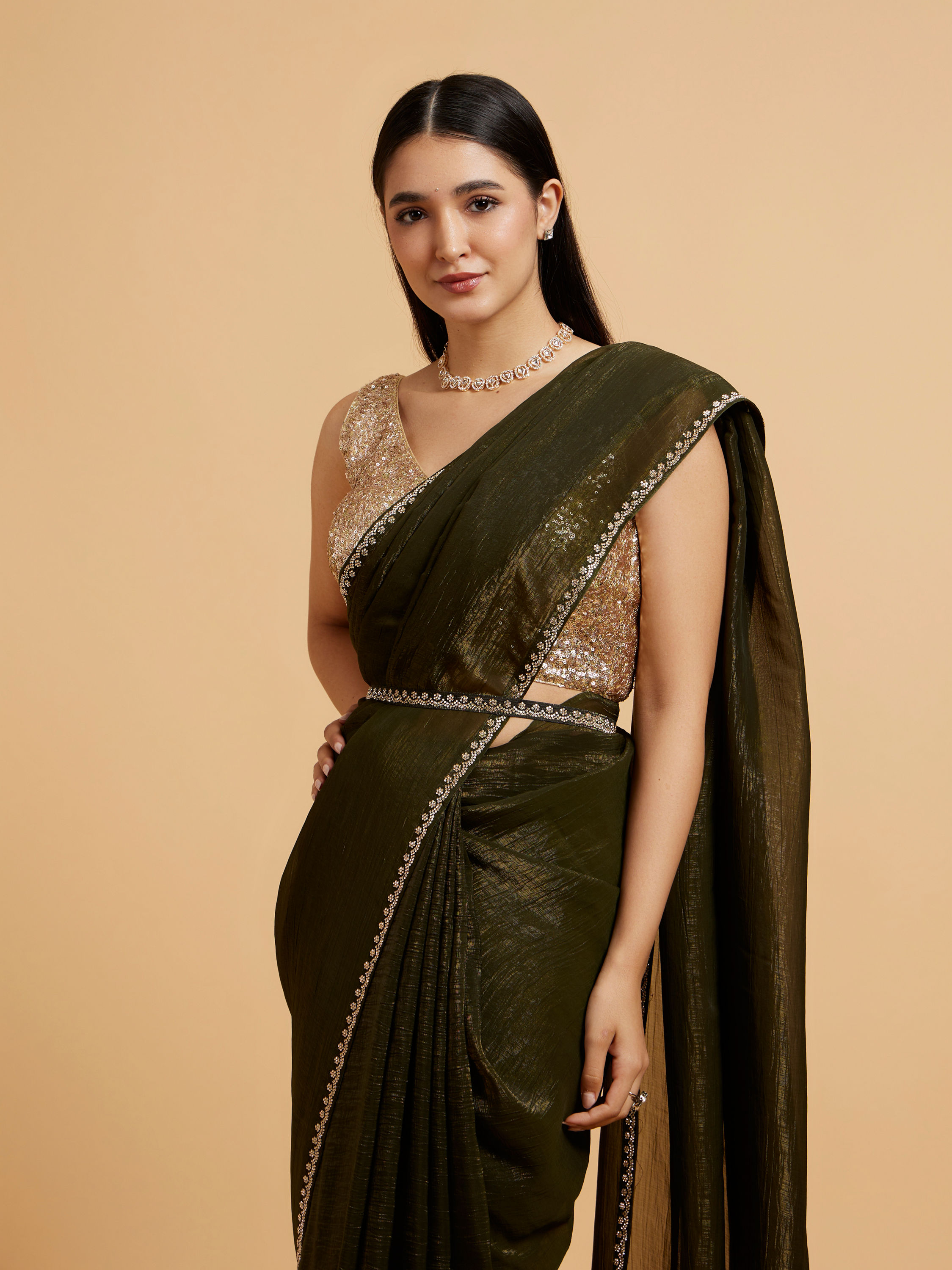 Mohey Women Mehandi Green Floral Rhinestone Embellished Saree