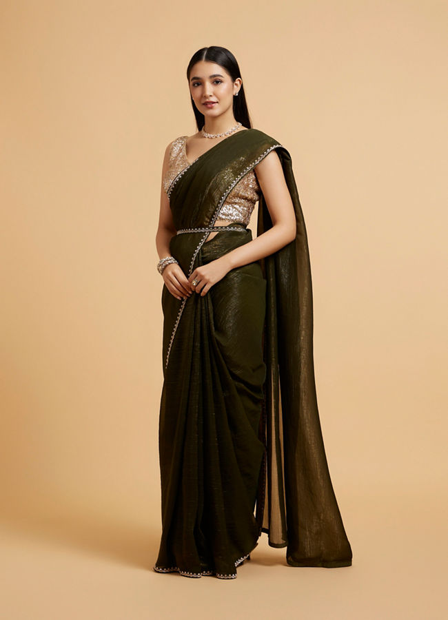 Mohey Women Mehandi Green Floral Rhinestone Embellished Saree