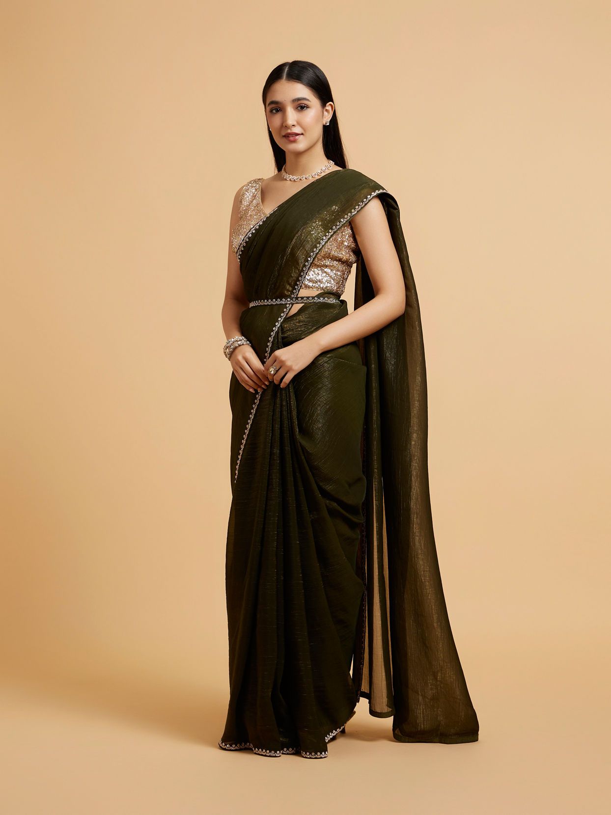 Mohey Women Mehandi Green Floral Rhinestone Embellished Saree
