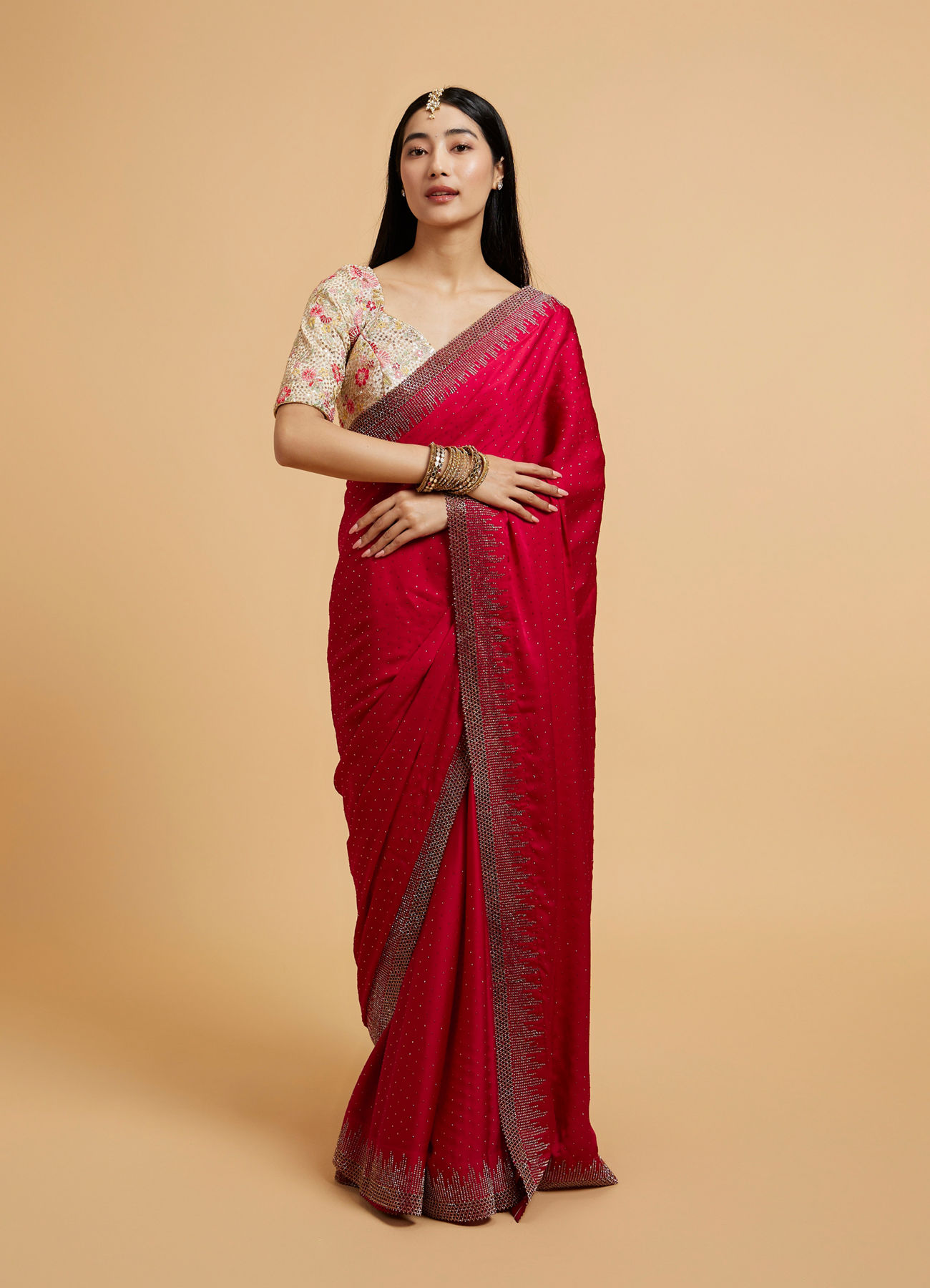 Mohey Women Rani Pink Rhinestone Embellished Saree