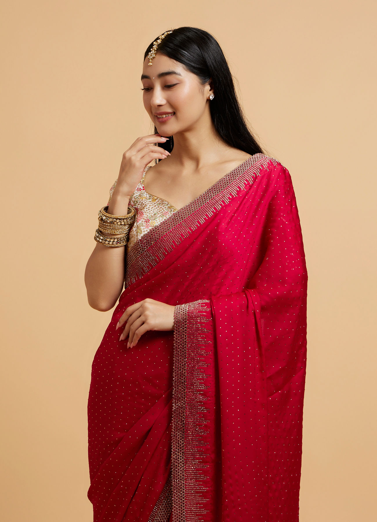 Mohey Women Rani Pink Rhinestone Embellished Saree