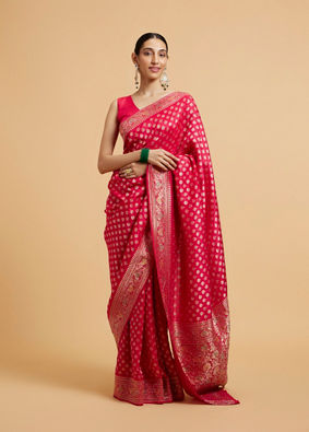 alt message - Mohey Women Rani Pink Buta Jaal Patterned Saree with Cutdana & Rhinestone Work image number 0