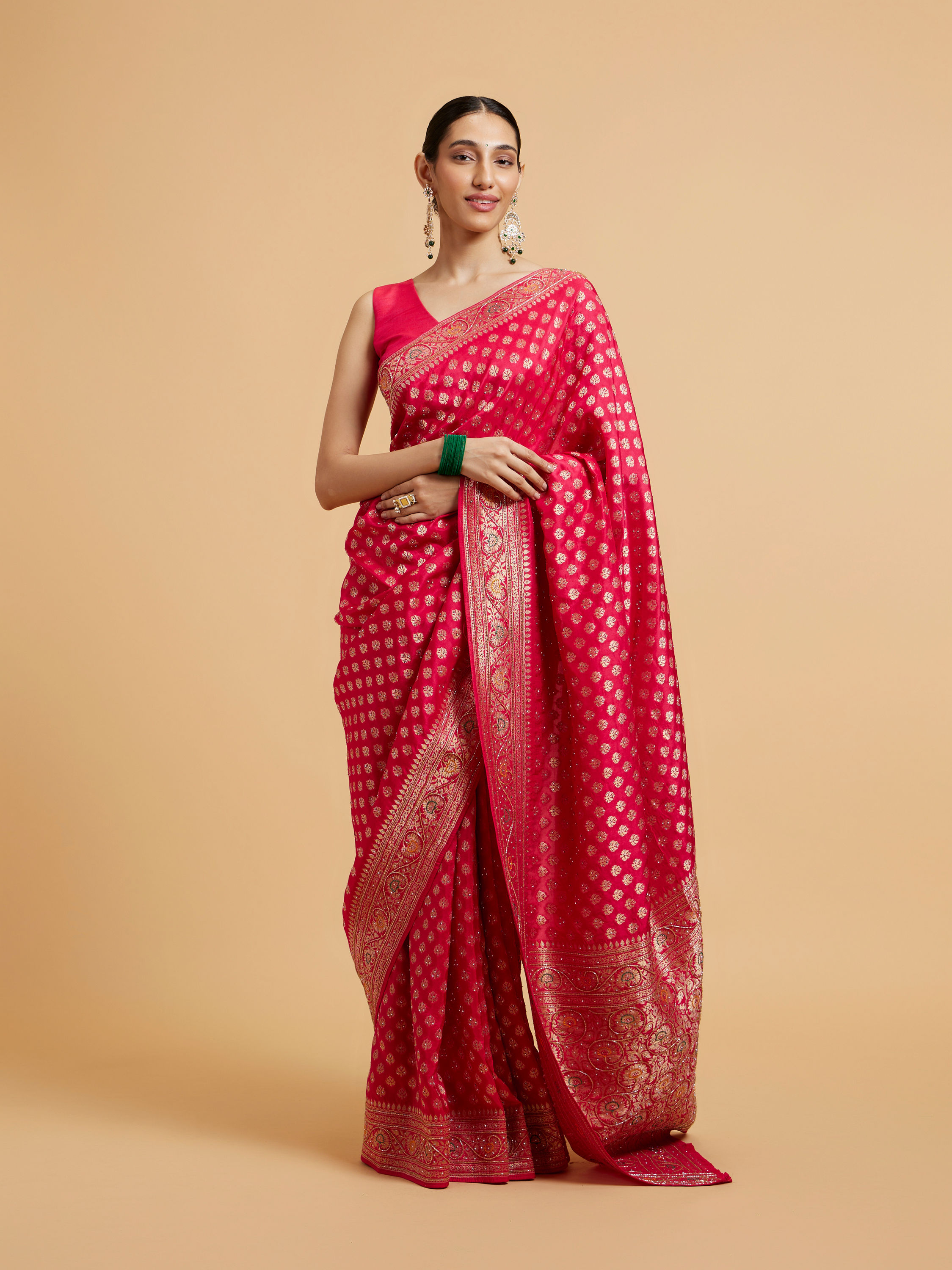 Mohey Women Rani Pink Buta Jaal Patterned Saree with Cutdana & Rhinestone Work