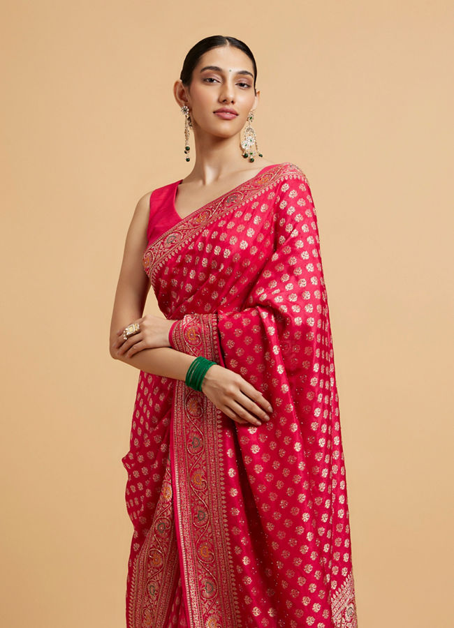 alt message - Mohey Women Rani Pink Buta Jaal Patterned Saree with Cutdana & Rhinestone Work image number 1