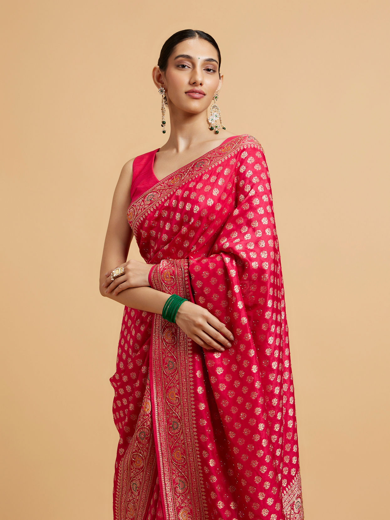 alt message - Mohey Women Rani Pink Buta Jaal Patterned Saree with Cutdana & Rhinestone Work image number 1