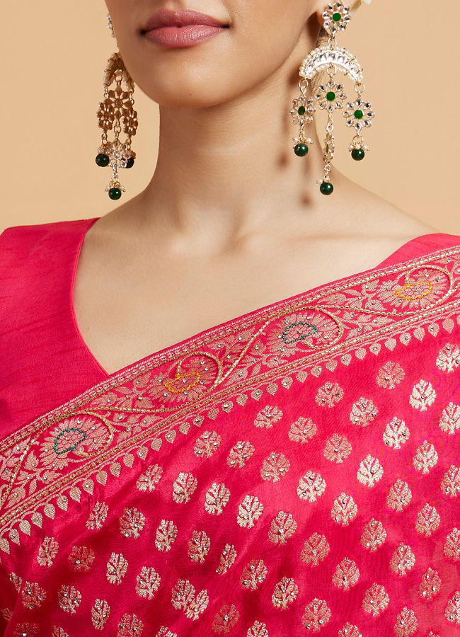 Mohey Women Rani Pink Buta Jaal Patterned Saree with Cutdana & Rhinestone Work
