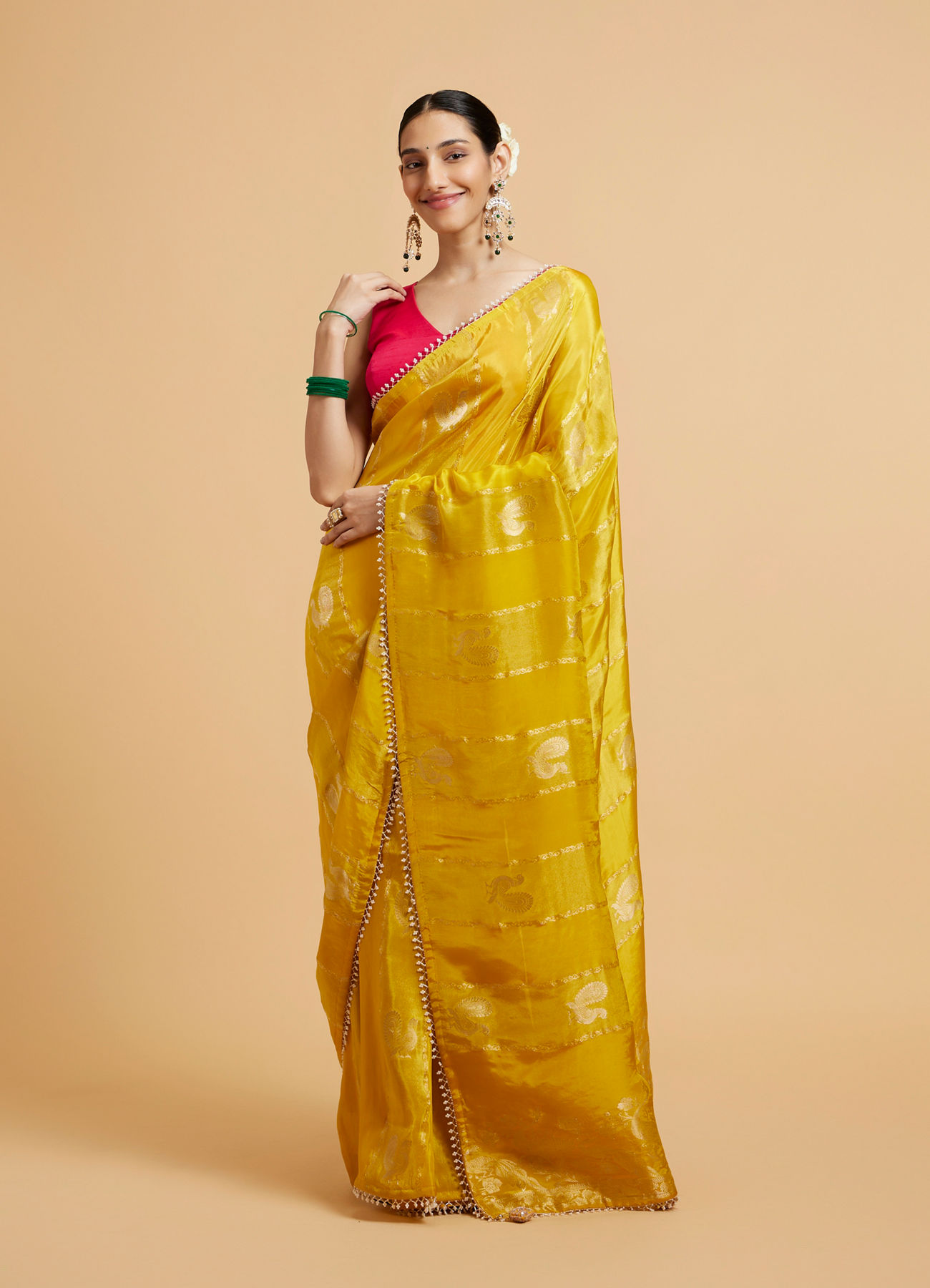 Mohey Women Effulgent Mustard Satin Saree