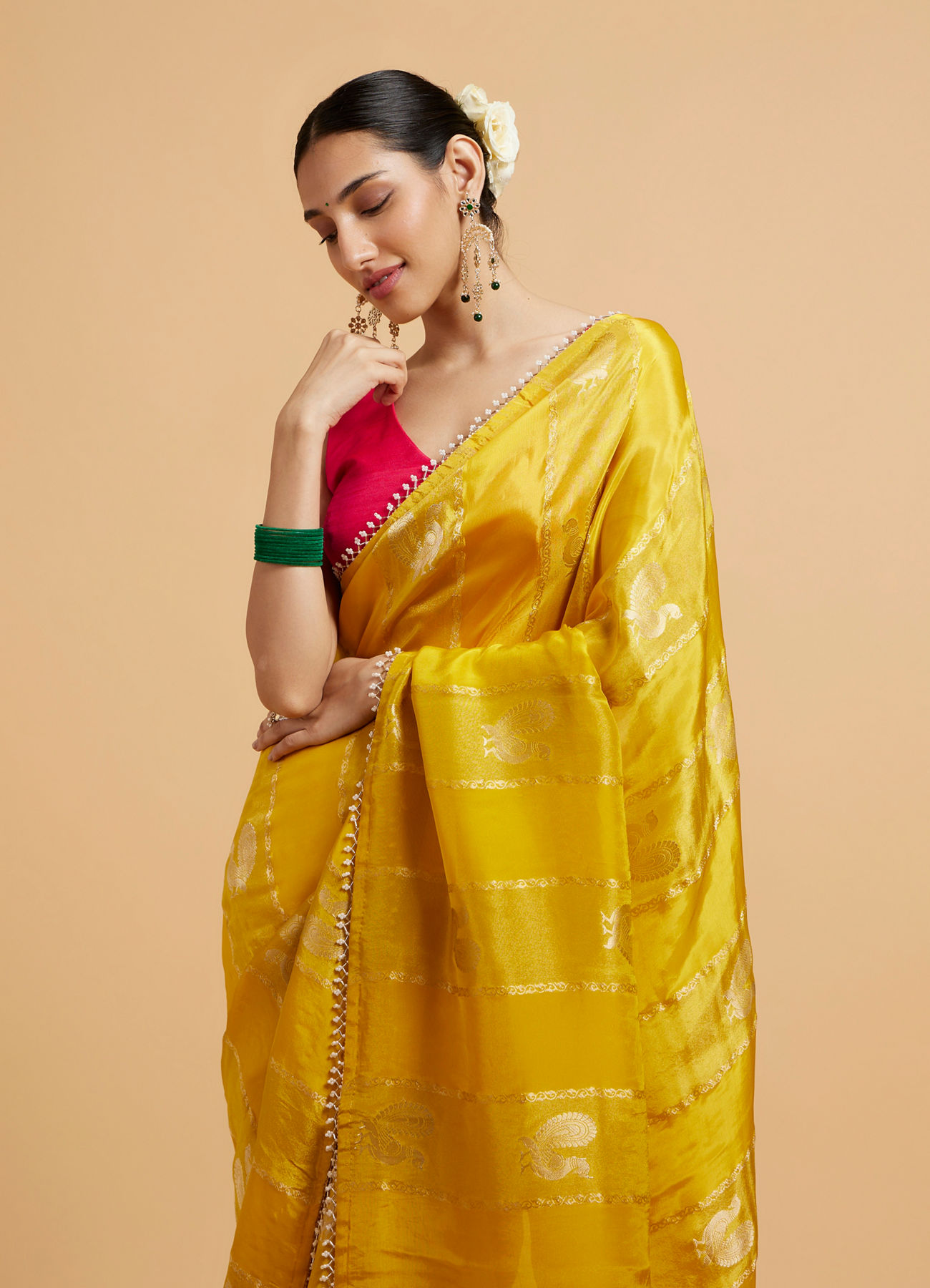 Mohey Women Effulgent Mustard Satin Saree