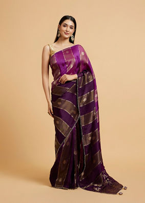 alt message - Mohey Women Royal Purple Buta & Striped Patterned Saree with Gota Patti Work image number 0