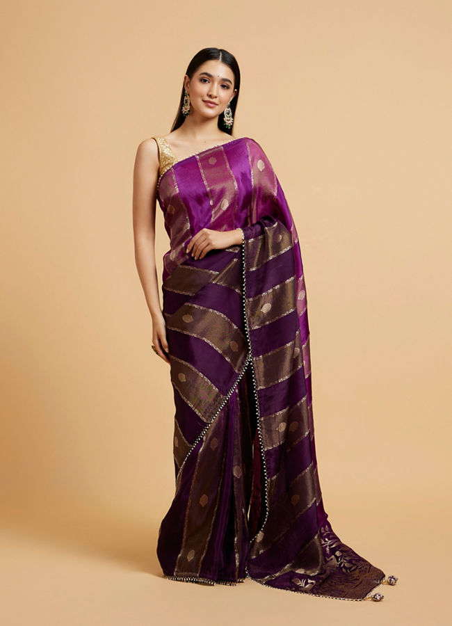 alt message - Mohey Women Royal Purple Buta & Striped Patterned Saree with Gota Patti Work image number 0